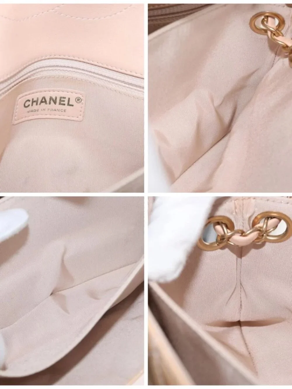 CHANEL Matelasse Chain Shoulder Bag Patent leather Beige Gold CC Auth 179868A